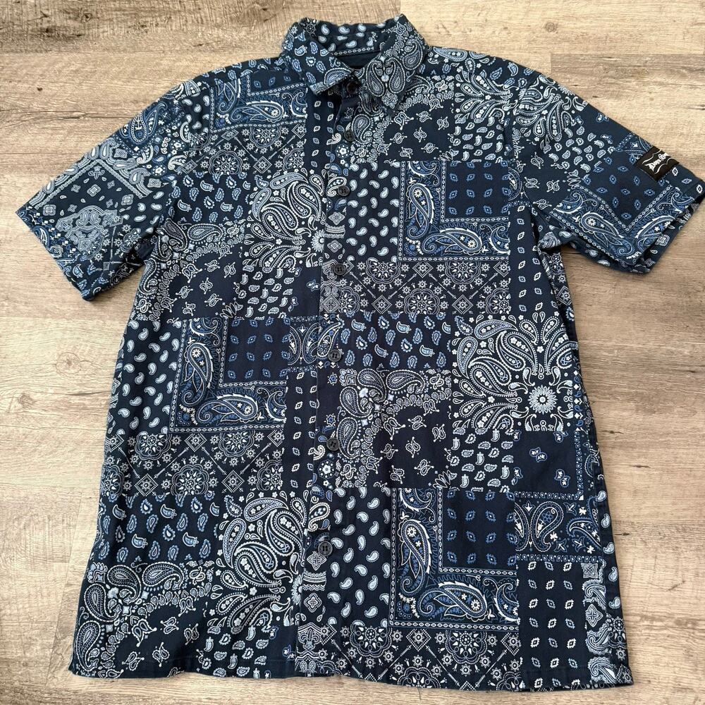 Dogg Supply Snoop Shirt Mens Small Blue Bandana Patchwork Short Sleeve Paisley